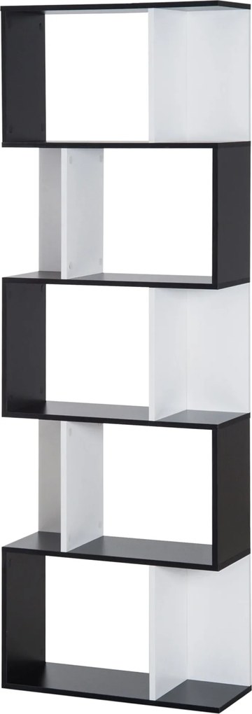HOMCOM 5-Szintes S-Alakú Fa Könyvespolc Modern Dizájn a Nappaliba és Irodába 60x24x184,5 cm Fekete és Fehér | Aosom