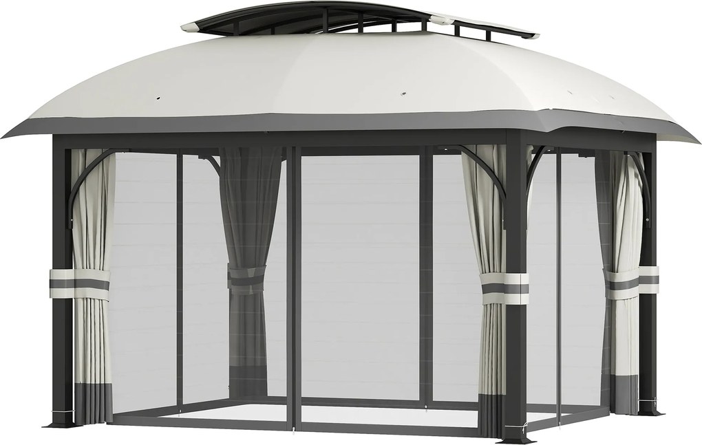 Outsunny Kerti Pavilon Két Rétegű Tetővel, 4x3.3m Vízálló, Strapabíró, Télálló Pavilon Szúnyoghálóval és Oldalfalakkal, Horganyzott Fém Kivitelben, Ke