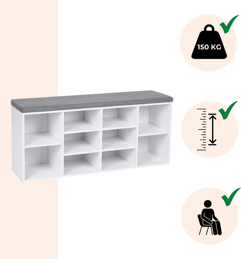 GABI cipősszekrény párnázott ülőkével, 10 rekesz, 104x30x48cm, szürke/fehér Vasagle