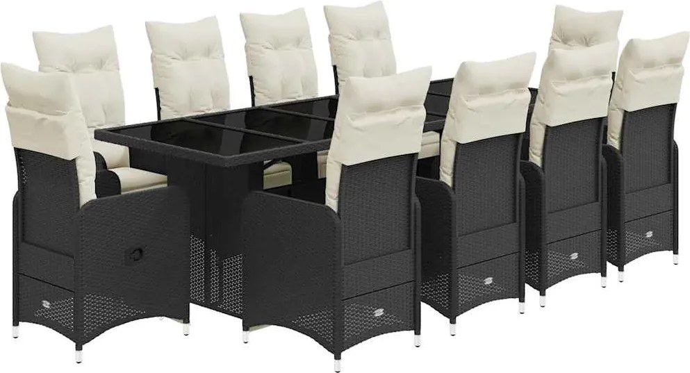 vidaXL 11 részes fekete polyrattan kerti bisztrógarnitúra párnákkal