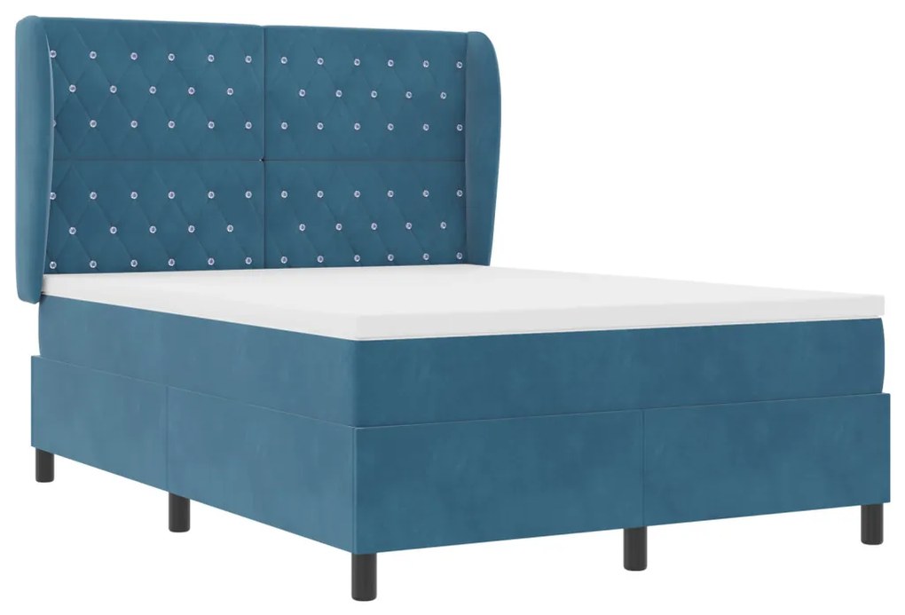 Boxspring Ágy Matraccal Sötét Kék - 140x200 cm - Bársony
