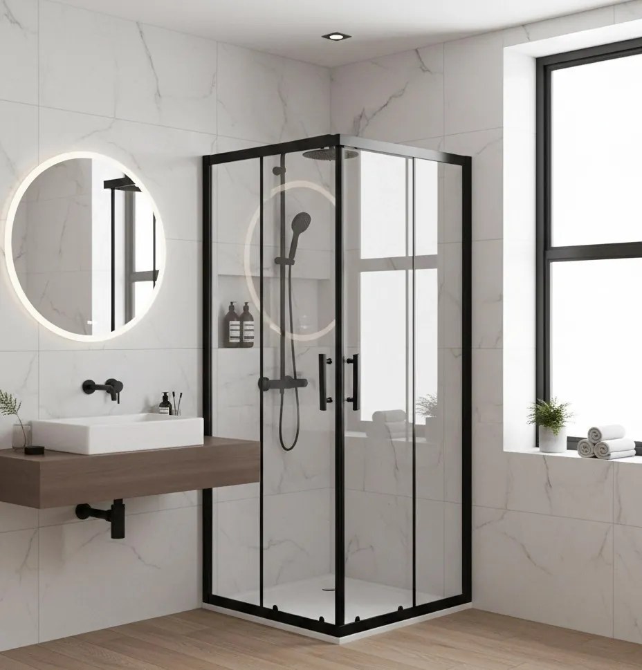 Viva AQUA Max Zuhanykabin SZÖGLETES FEKETE Profil - 6 mm víztiszta üveg - 80 x 80 x 190 cm