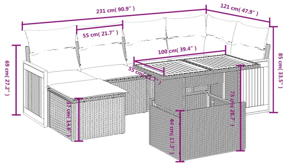 7 részes szürke polyrattan kerti ülőgarnitúra párnákkal