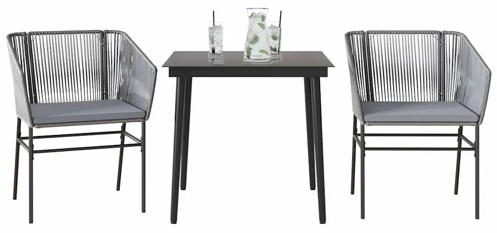 vidaXL 3 részes szürke polyrattan üveg kerti étkezőgarnitúra párnával