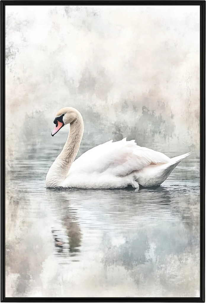Poszter Keret Alumínium Természet Tó Madár Hattyú Köd Szürke 40x60