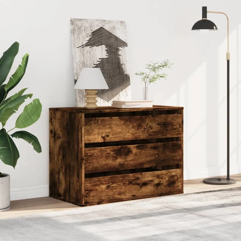 füstös tölgy színű szerelt fa fiókos sarokszekrény 80x41x58 cm