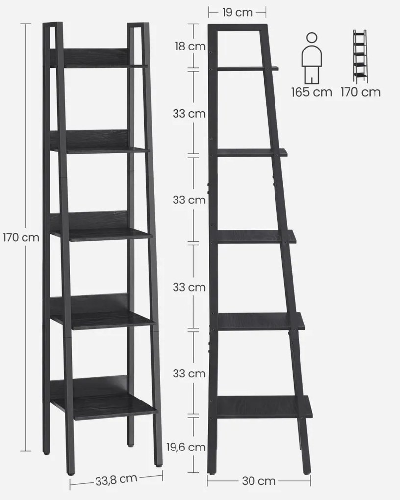 Létra polc, keskeny 5 szintes könyvespolc, fekete, 30×34×170 cm