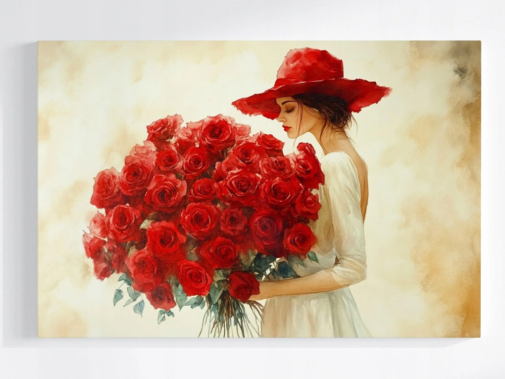 Poszter Nő Piros Kalapban Rózsákkal 60x40