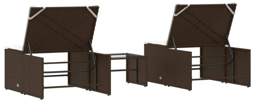 2 db barna polyrattan napozóágy asztallal