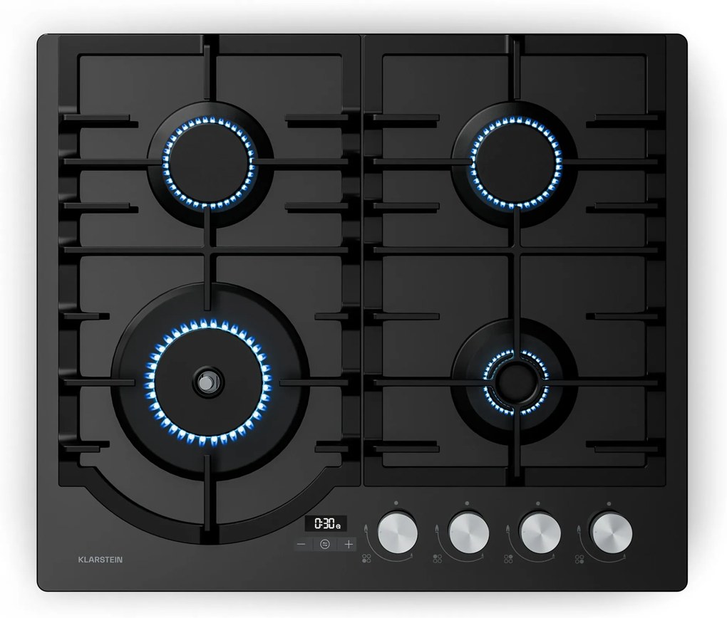 Klarstein Ignito gázfőzőlap, 8 kW, öntöttvas tartókkal, időzítő, hőmérsékletszabályozás