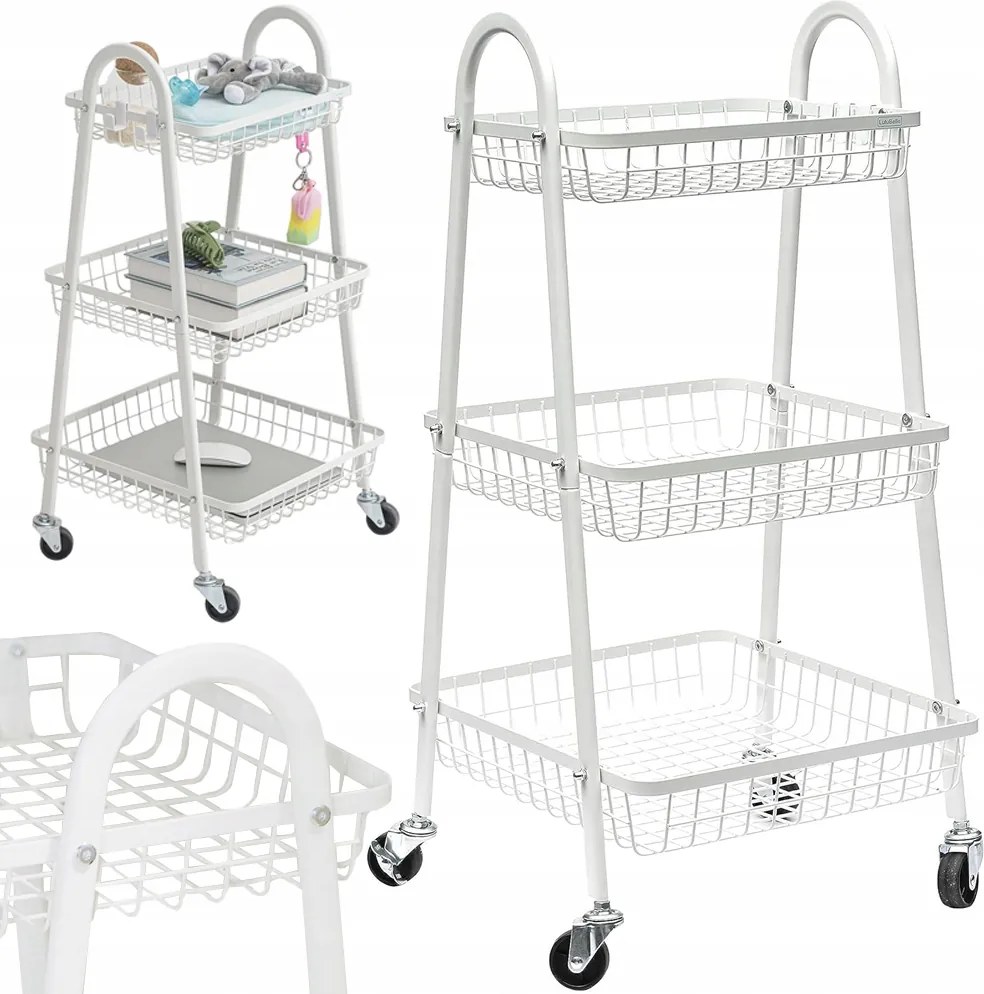 Polcos Konyhai Fürdőszoba Szekrény Kerekekkel Fém Könyvespolc Három Szintes fehér