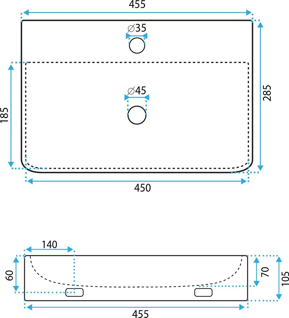 Rea Naomi, falra szerelhető/pultra szerelhető mosdó 455x285x105 mm, fehér fényes, REA-U0630