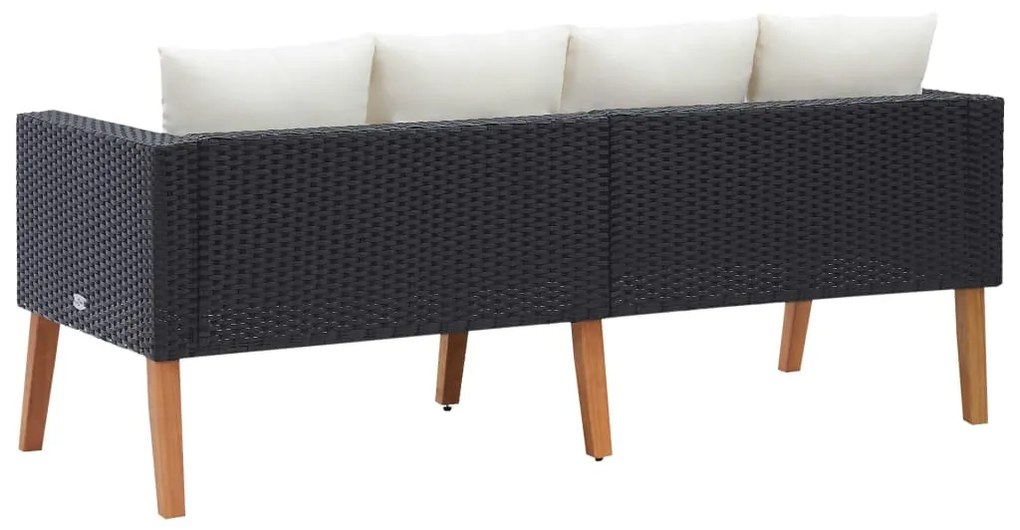 Kétszemélyes fekete polyrattan kerti kanapé párnákkal