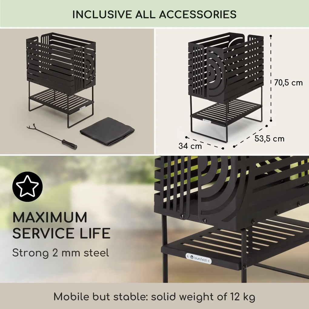 Blumfeldt Krakatoa, tűzrakóhely, tömör acél, fa tárolórekesz, lézer-vágott design