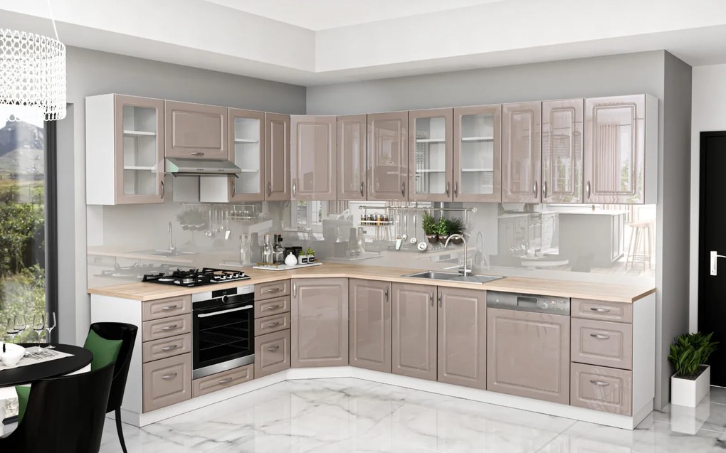 Otthon Elite Magasfényű Cappuchino MDF Sarok Konyhabútor 230 x 310 cm