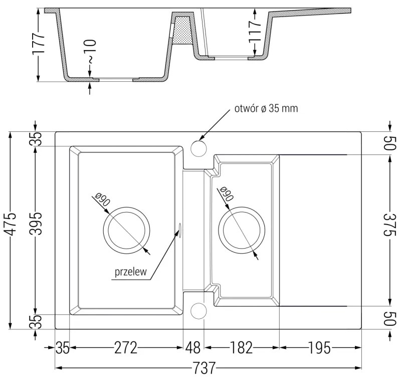 Mexen Gaspar, 1,5 kamrás gránit mosogató 737x475x177 mm és Aster mosogató csaptelep, fekete-ezüst metál, 6507-73-73450-07-B