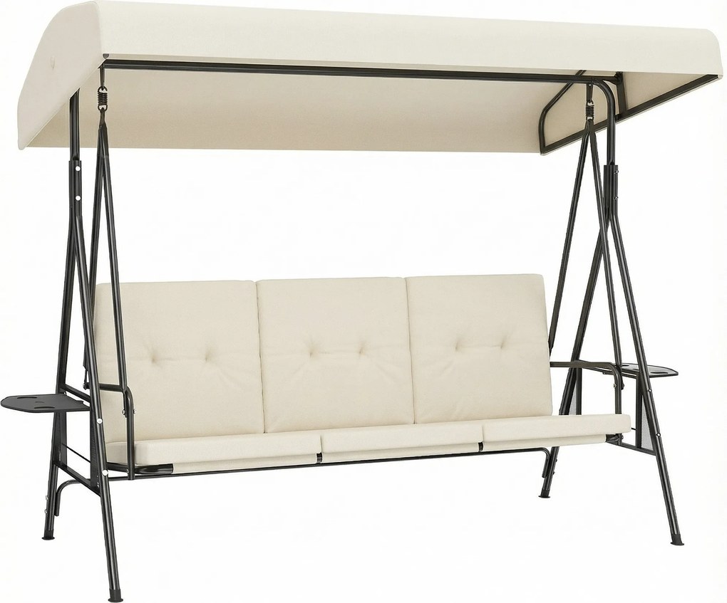 Outsunny 3 személyes kerti hinta — állítható napellenző, 2 lehajtható oldaltálca és párnák, acél/poliészter, krémszín | Aosom