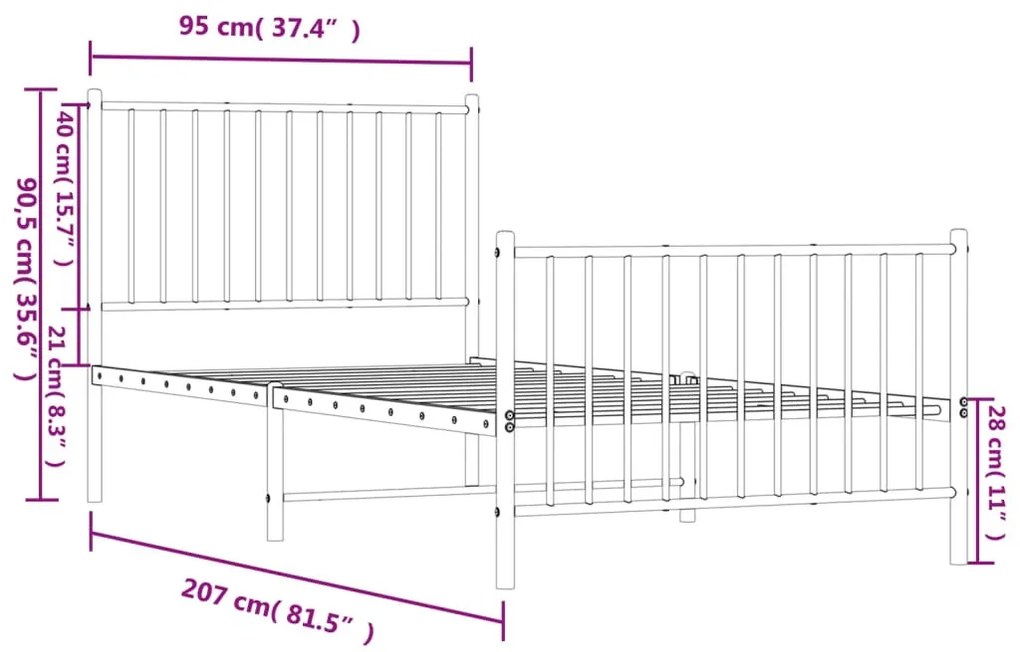 fehér fém ágykeret fej- és lábtámlával 90x200 cm
