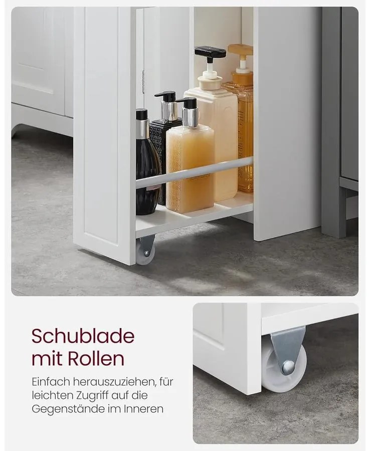 VASAGLE kis fürdőszobai szekrény, álló tárolószekrény kis helyiségekbe, fehér színben