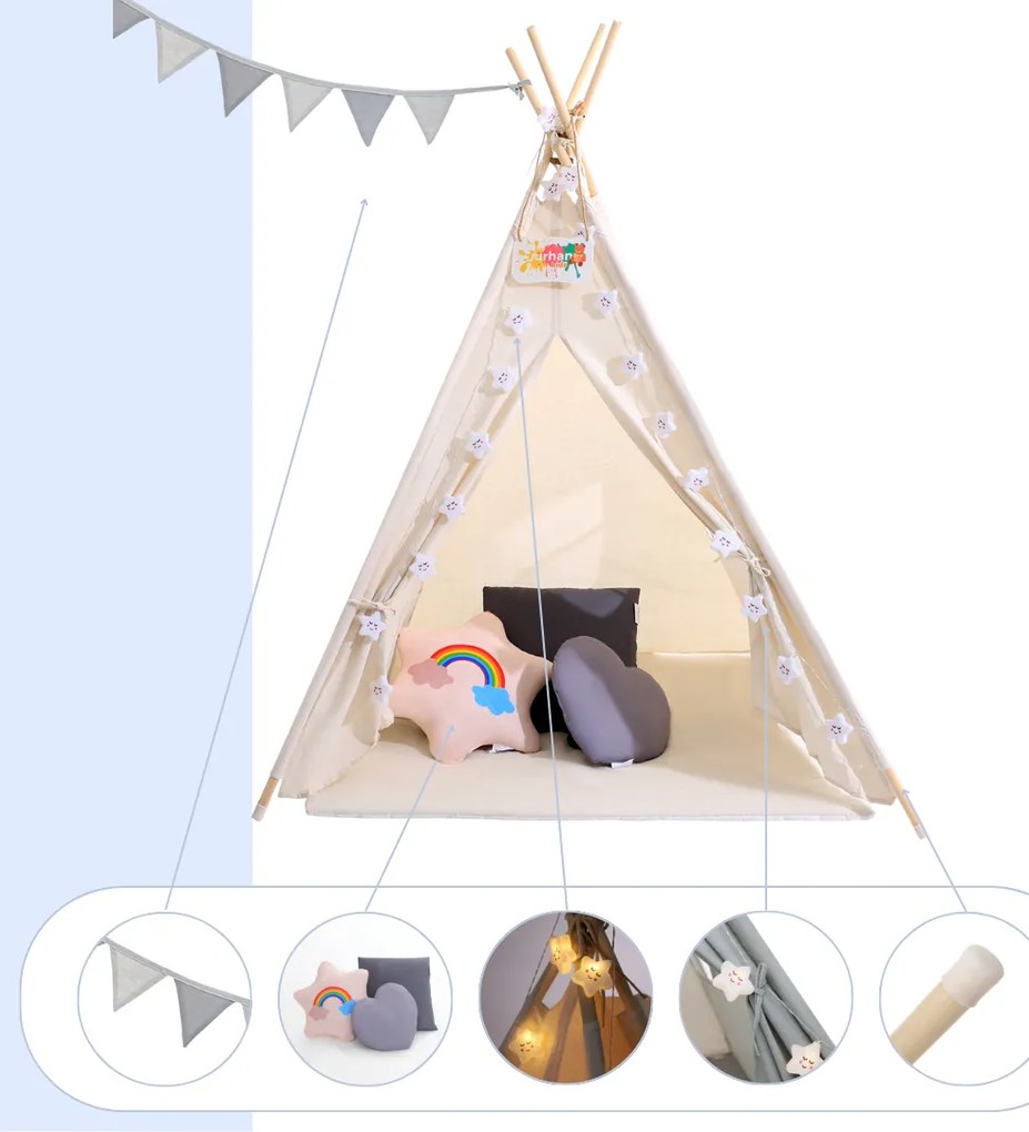 JULIUS gyerek teepee sátor, 120x120x160cm, fehér/szürke Jurhan