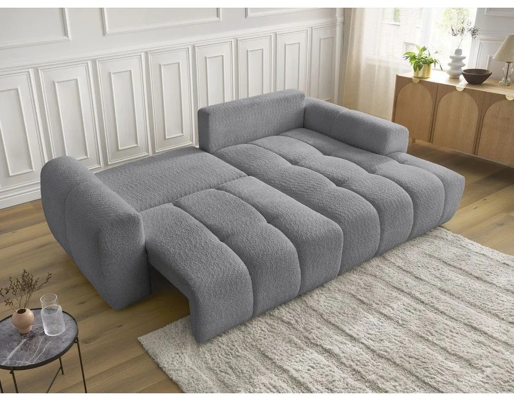 Szürke buklé kinyitható-tárolóhelyes sarokkanapé (jobb oldali-heverő résszel) Roxelane – Bobochic Paris