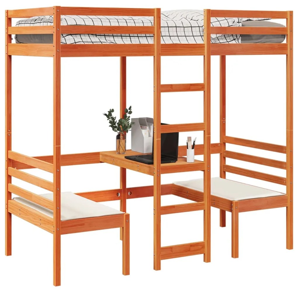 barna fenyő galériaágy-keret asztallal és székekkel 90 x 200 cm