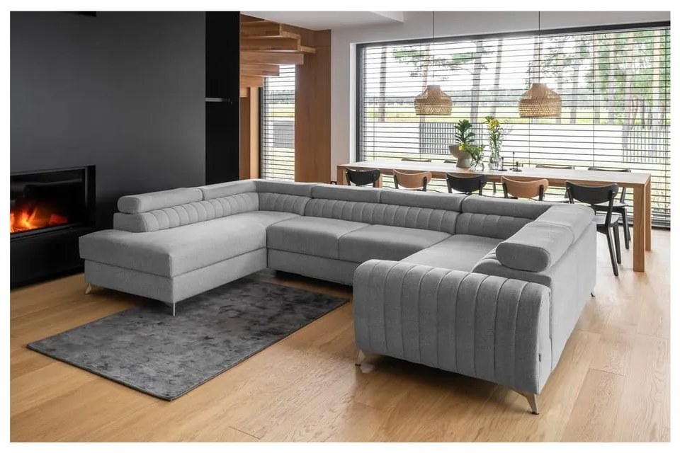 Világosszürke kinyitható-tárolóhelyes sarokkanapé (bal oldali-U alakú) Louis – ELTAP