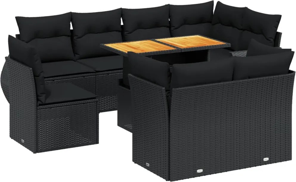 vidaXL 9 részes fekete polyrattan kerti ülőgarnitúra párnákkal