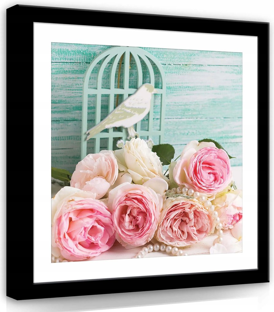 Vászonkép 80x80 Rózsa Madár Fehér Gyöngyök Pasztell Romantika Nyugalom Tavasz