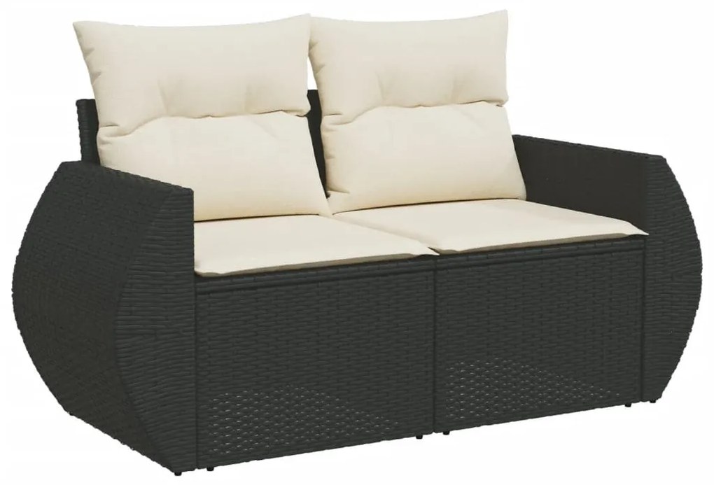 2 személyes fekete polyrattan kerti kanapé párnával