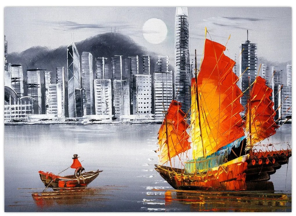 Festmény - Victoria Harbour, Hong Kong, fekete-fehér olajfestmény (üvegen) (70x50 cm)