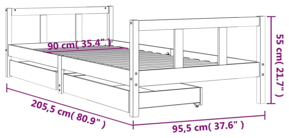 fehér tömör fenyőfa gyerekágykeret fiókokkal 90 x 200 cm