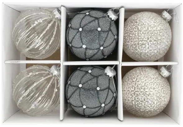 Karácsonyi üveg gömb dísz arany szürke dombor vonal mintával glitter dekorral akasztós 8 cm 6 db