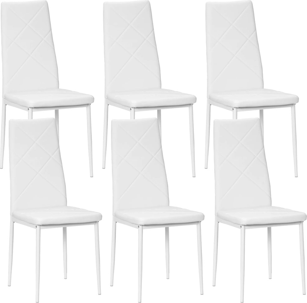 HOMCOM 6 darabos Kárpitozott Magas Háttámlás Étkezőszék Szett, Konyhai Székek Műbőr Gyémánt Mintázattal, Csúszásmentes Talpakkal és Acél Lábakkal, Étk
