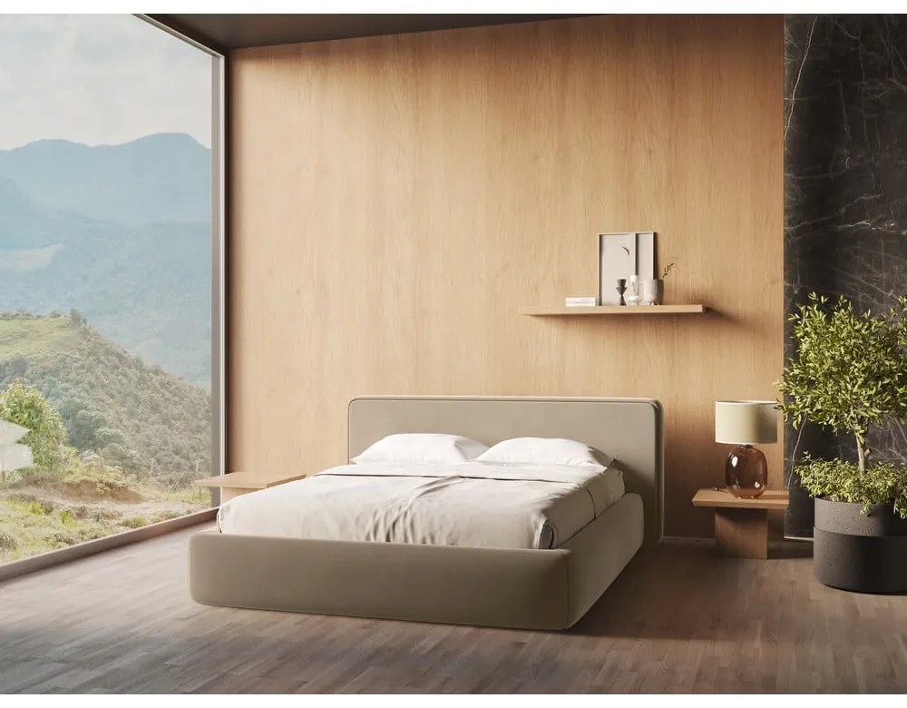 Világosbarna kárpitozott ágyneműtartós franciaágy ágyráccsal 140x200 cm Kiana – Makamii