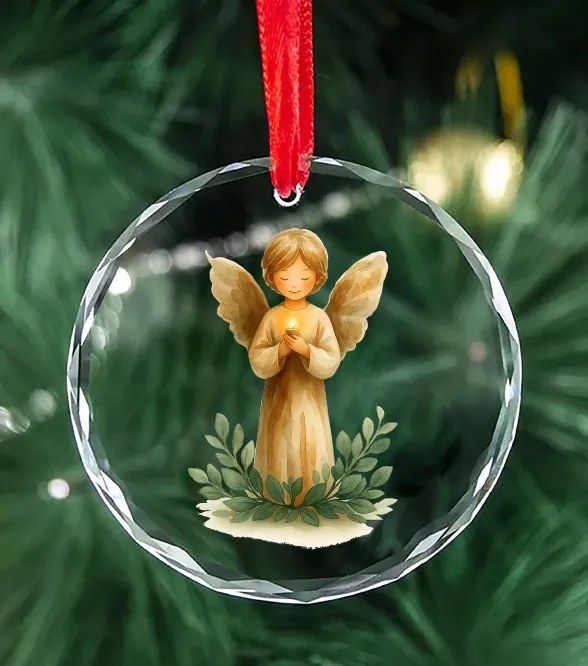 Üveg karácsonyfadísz angyalkával 80 mm Karácsonyi medál