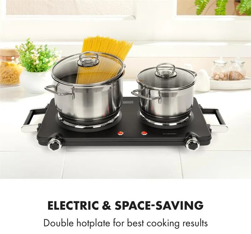 Klarstein Cookorama, elektromos főzőlap, két főzőlap, 1900 - 2250 W, 150/180 mm Ø, 5 szint, fekete