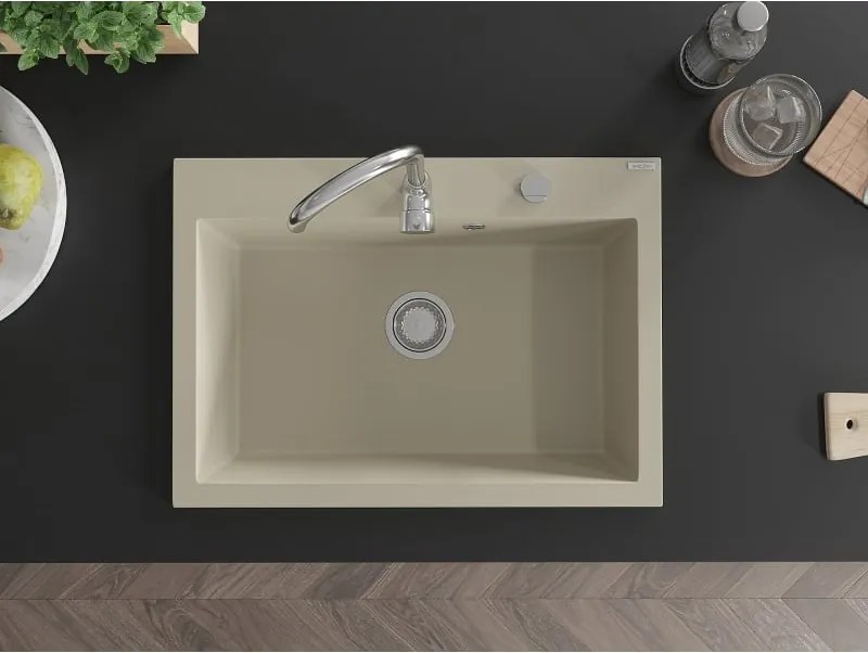 Mexen Elix gránit mosogató 1-medencés 700 x 500 mm, bézs, króm szifon - 6526701005-69