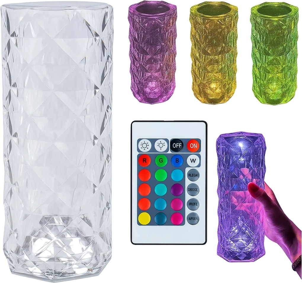 Kristály LED-es éjjeli lámpa, gyémánt rózsa, érintőképernyős, diamond, Rgb távirányító