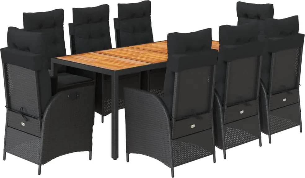 vidaXL 9 részes fekete polyrattan kerti étkezőgarnitúra párnákkal