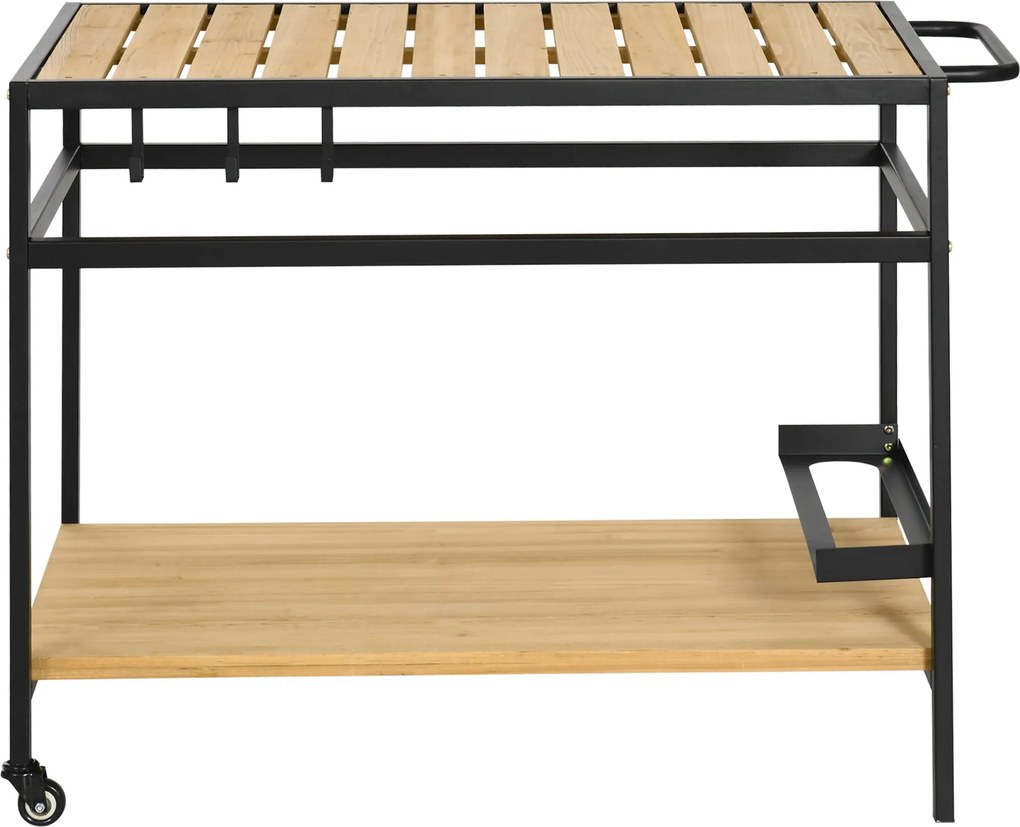 Outsunny Tálalókocsi, Grillező Kocsi 2 Polccal, Kert Kocsi Függőkkel, Kültéri Tödbcélú Asztal Kerekekkel, Kerthez és Erkélyhez, Természetes, 107 x 65