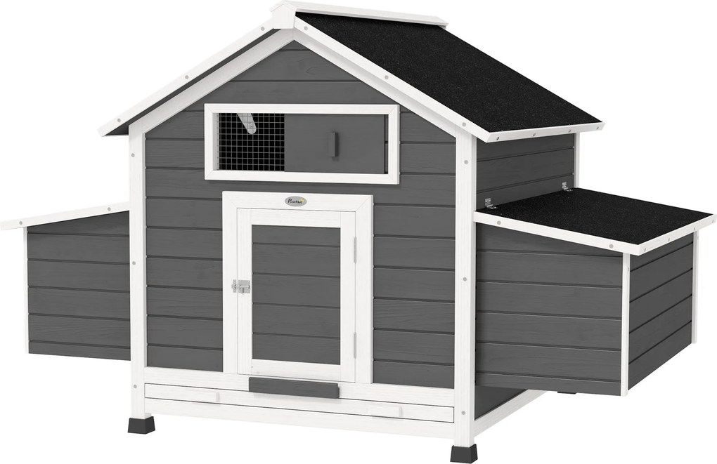 PawHut Kültéri Tyúkól Fa Tyúkól 2-4 Tyúknak 2 Tojófészekkel Leszedhető Tálcával Zsanéros Tetővel 150x100x96.5 cm Szürke és Fehér | Aosom
