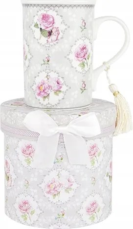 Porcelán Bögre Dobozban Floral Pink Rose Grey Rózsaszín