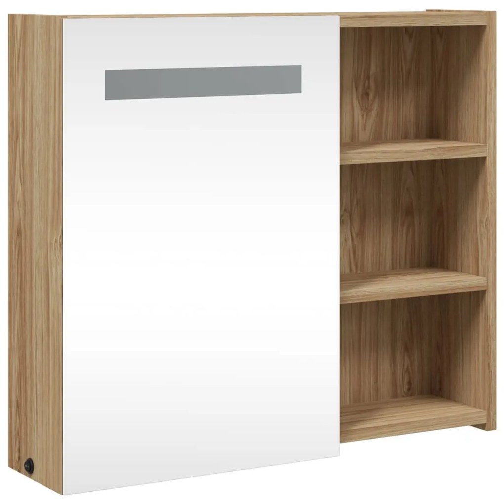 tölgyszínű tükrös fürdőszobaszekrény LED-del 60 x 13 x 52cm