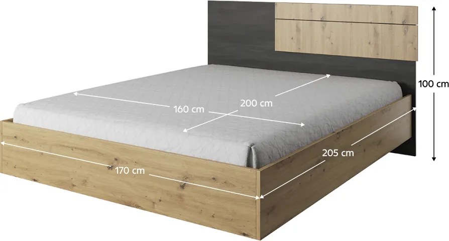 Hálószoba szett (szekrény+ágy+2x éjjeliszekrény), artisan tölgy/fekete norvég fenyő, BAFRA