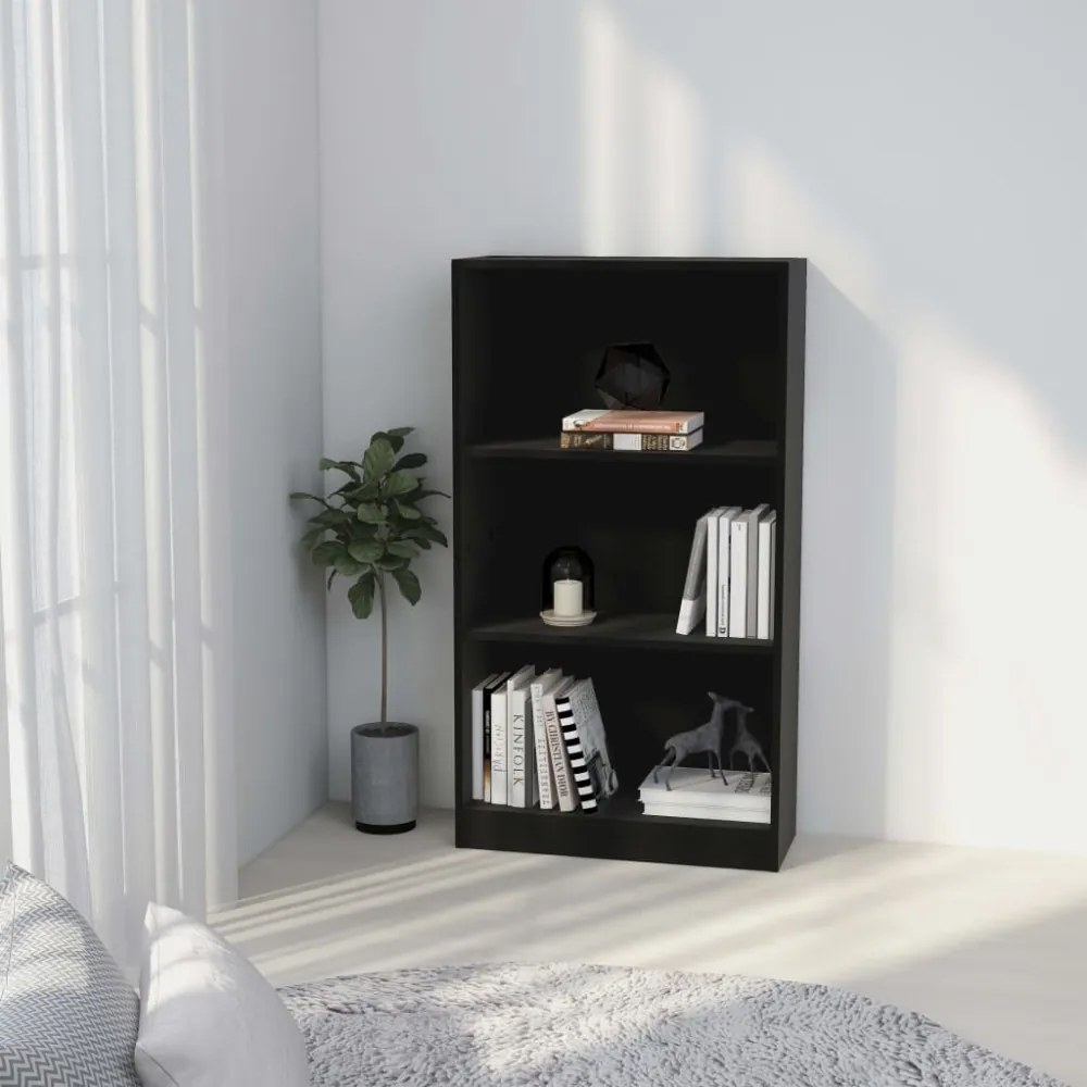 3 szintes fekete szerelt fa könyvszekrény 60 x 24 x 109 cm