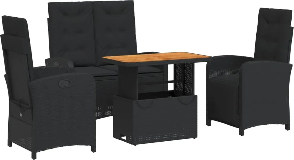 vidaXL 4 részes fekete polyrattan kerti étkezőszett párnákkal