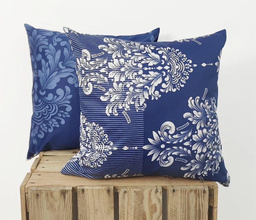 Párnahuzat szatén Prémium 100% pamut rozetta fehér, sötétkék alapon 40x40