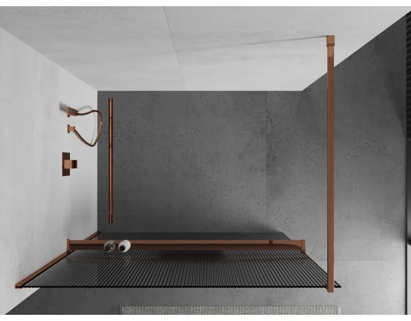 Mexen Kioto, zuhanyparaván polccal és törülközőtartóval 120 x 200 cm, 8 mm-es üveg bordás mintával, rózsa arany profil, 800-120-121-60-09
