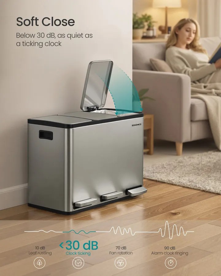 SONGMICS 3 x 15L szelektív konyhai szemetes, lágy záródás, ezüst